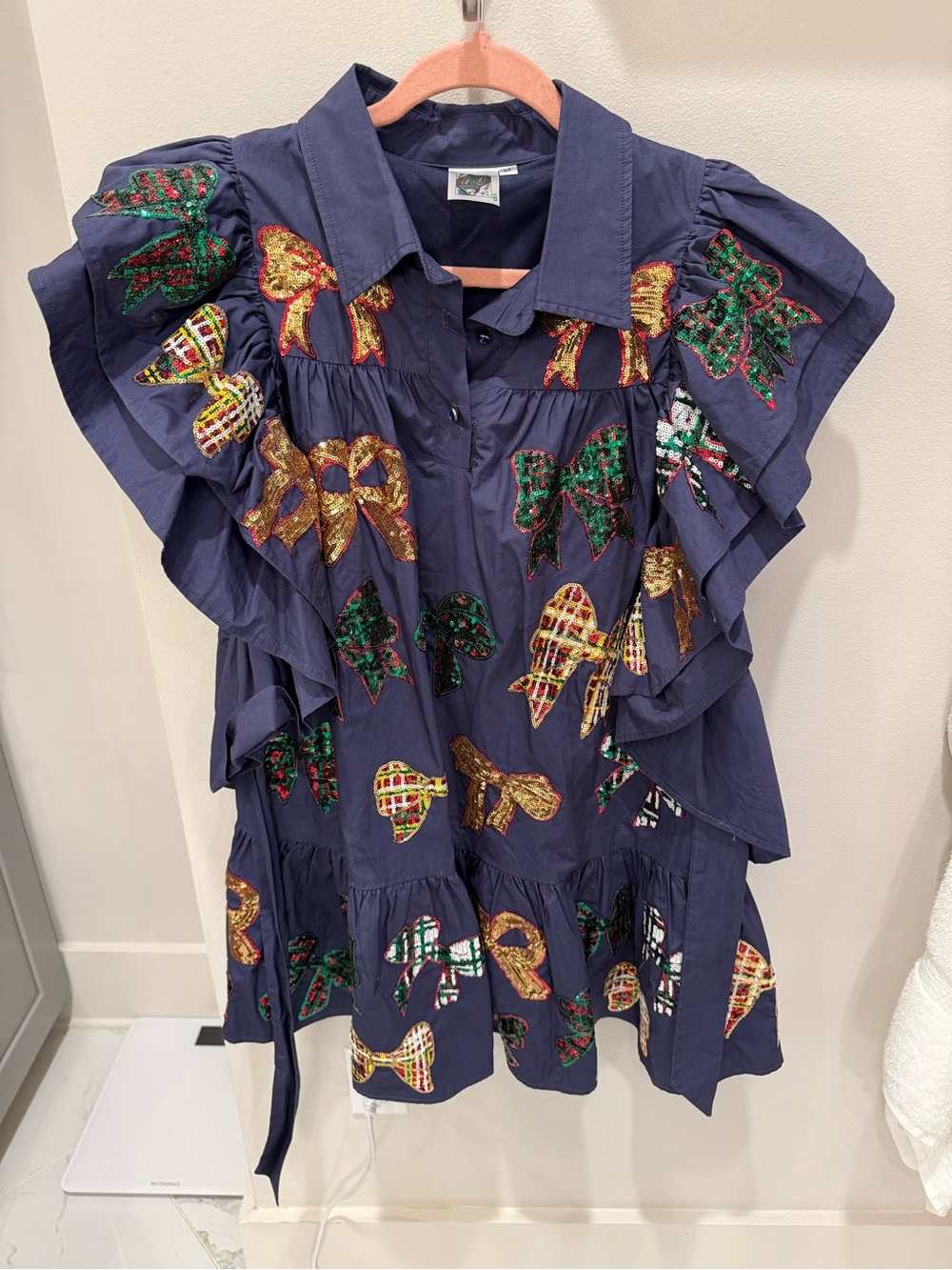 QUEEN OF SPARKLES Navy Dress with Gold, Green and Red Bow Embellishments